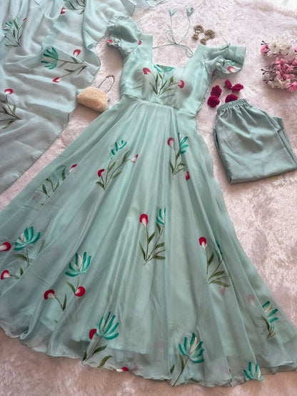 Ceremony Wear Light Green Color Handpainted Georgette Anarkali Suit