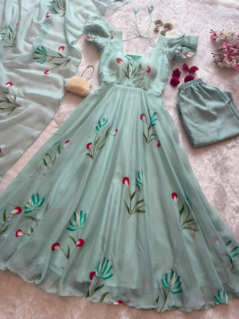 Ceremony Wear Light Green Color Handpainted Georgette Anarkali Suit