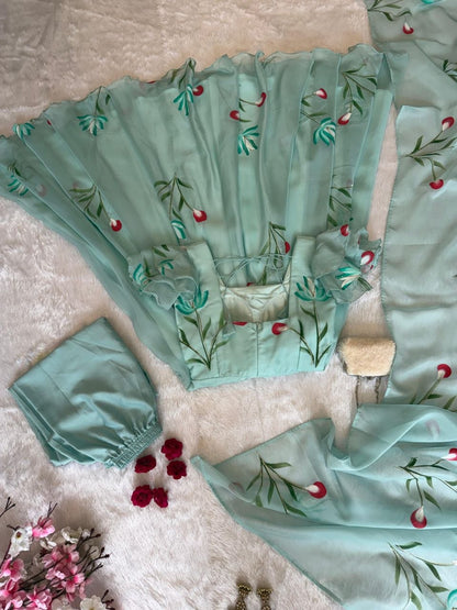 Ceremony Wear Light Green Color Handpainted Georgette Anarkali Suit
