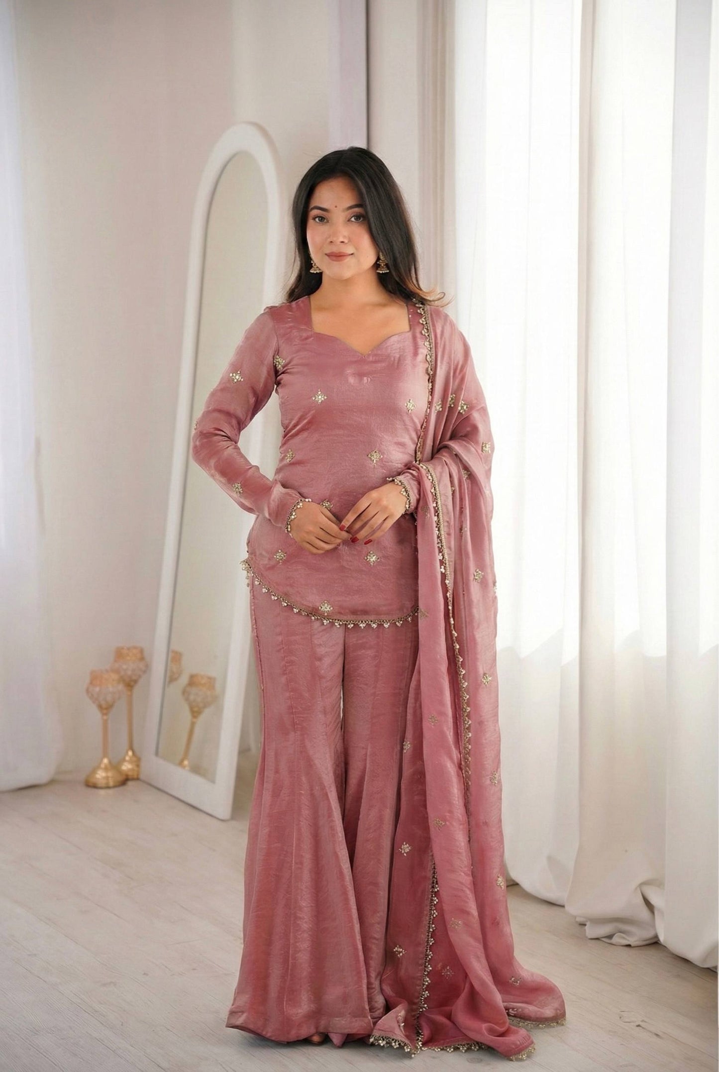 Arti Chauhan Wear Peach Color Fendy Silk Short Top Sharara Set