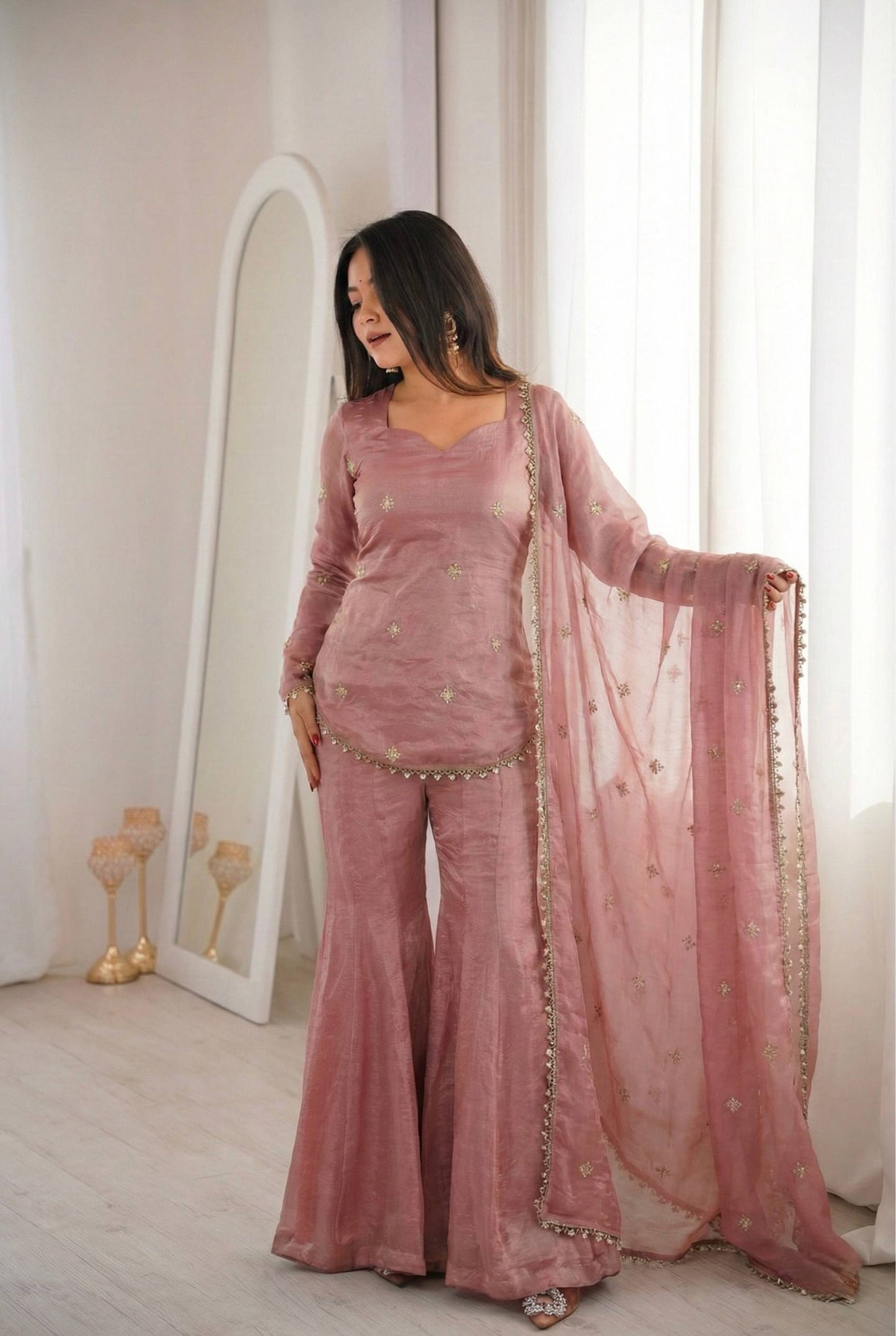 Arti Chauhan Wear Peach Color Fendy Silk Short Top Sharara Set