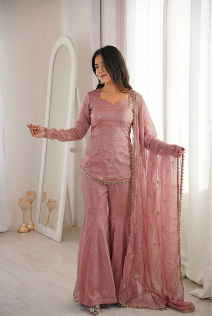 Arti Chauhan Wear Peach Color Fendy Silk Short Top Sharara Set