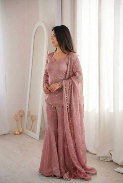 Arti Chauhan Wear Peach Color Fendy Silk Short Top Sharara Set