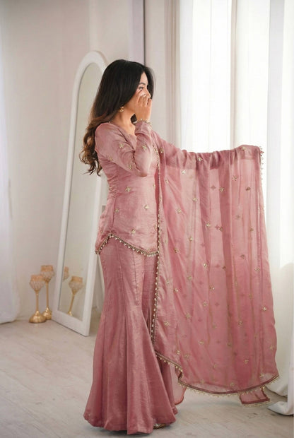 Arti Chauhan Wear Peach Color Fendy Silk Short Top Sharara Set