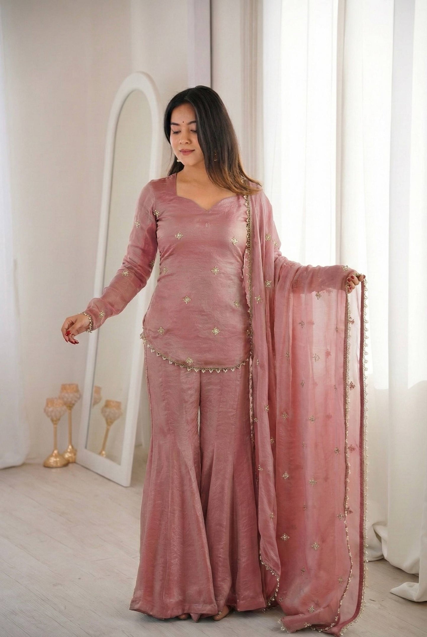 Arti Chauhan Wear Peach Color Fendy Silk Short Top Sharara Set