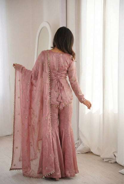 Arti Chauhan Wear Peach Color Fendy Silk Short Top Sharara Set