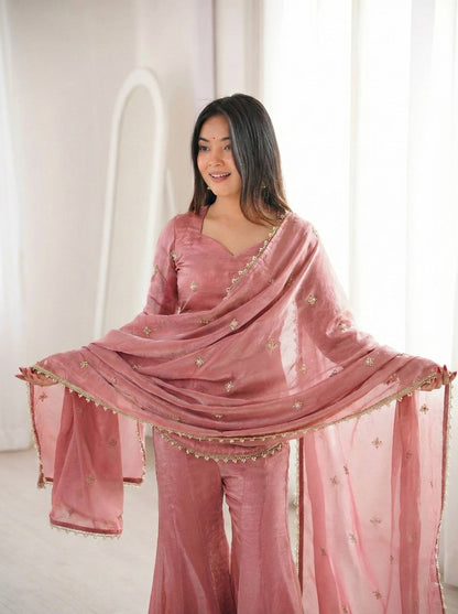 Arti Chauhan Wear Peach Color Fendy Silk Short Top Sharara Set