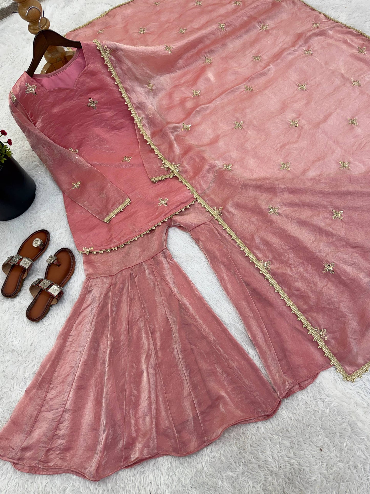 Arti Chauhan Wear Peach Color Fendy Silk Short Top Sharara Set