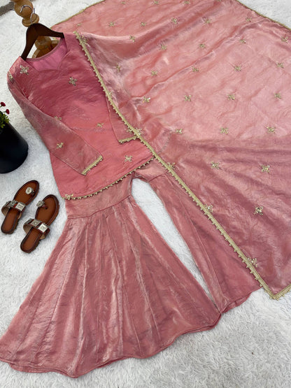Arti Chauhan Wear Peach Color Fendy Silk Short Top Sharara Set