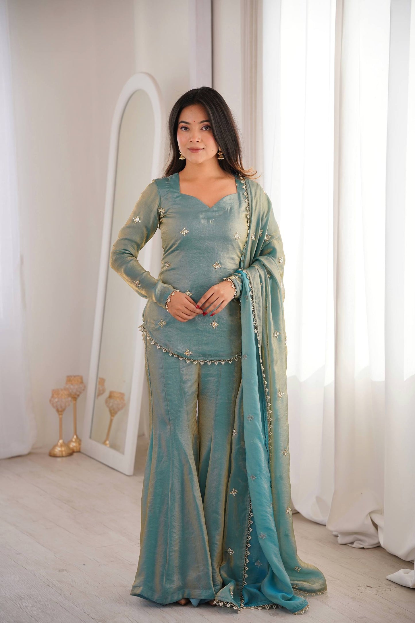 Arti Chauhan Wear Sky Blue Color Fendy Silk Short Top Sharara Set