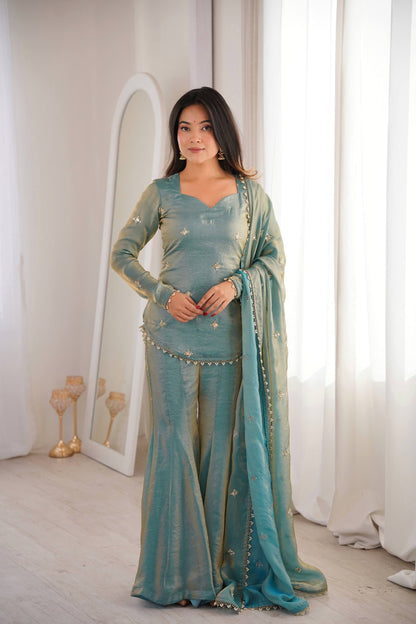 Arti Chauhan Wear Sky Blue Color Fendy Silk Short Top Sharara Set