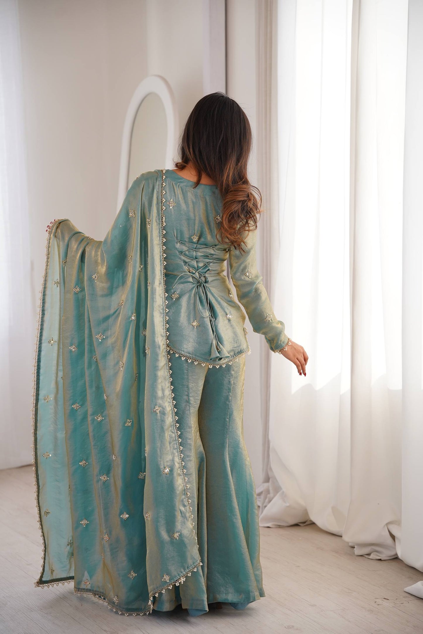 Arti Chauhan Wear Sky Blue Color Fendy Silk Short Top Sharara Set