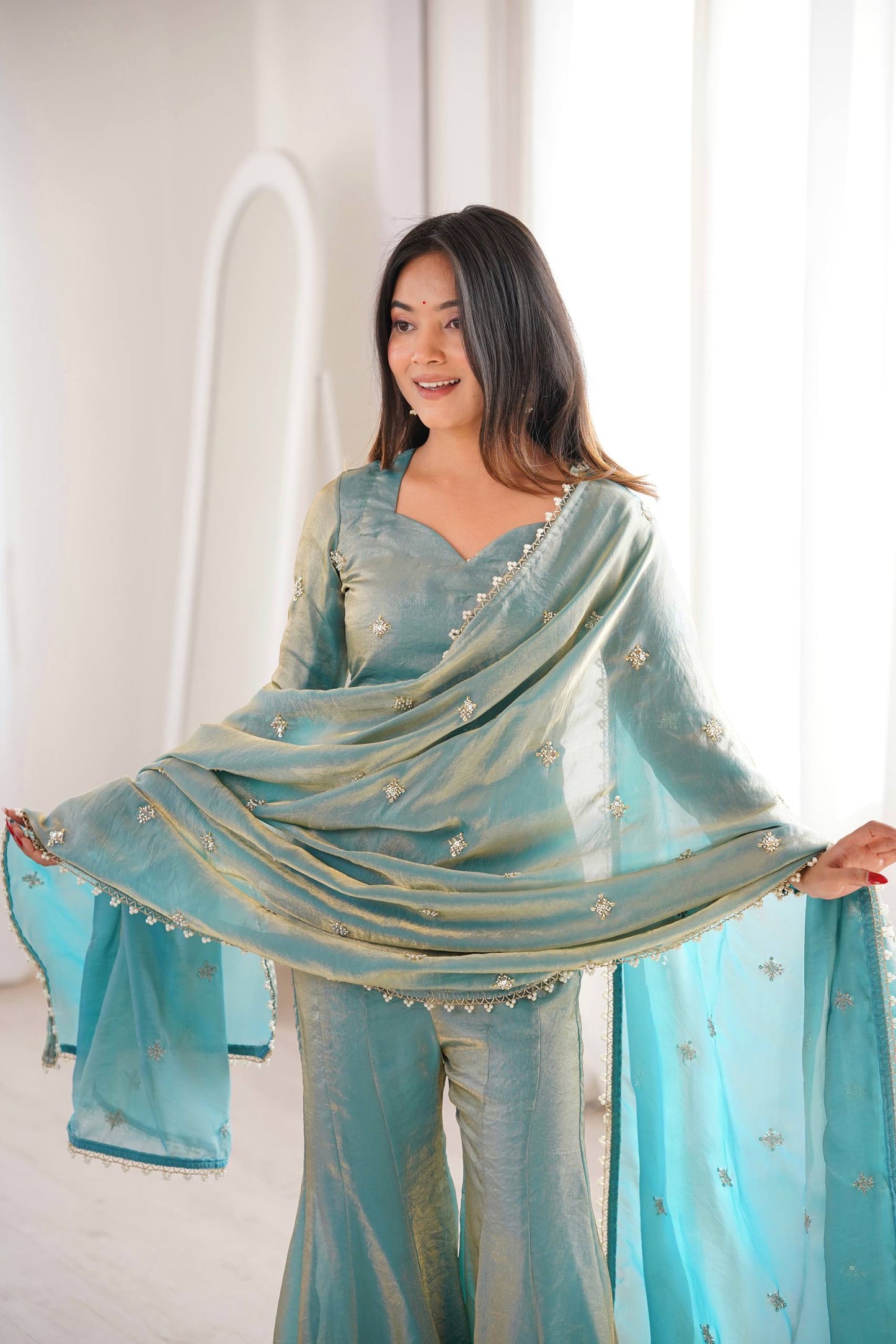 Arti Chauhan Wear Sky Blue Color Fendy Silk Short Top Sharara Set