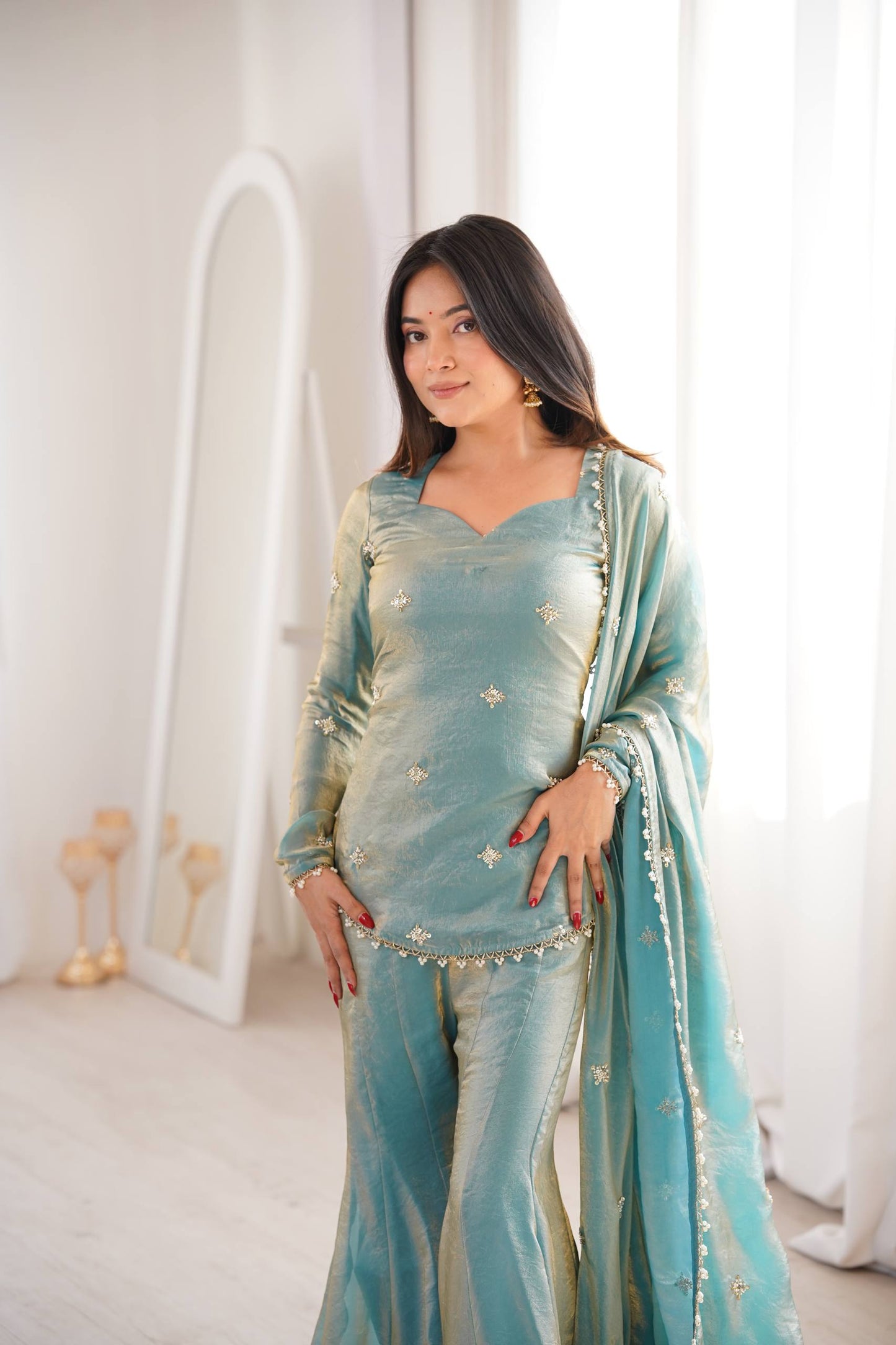 Arti Chauhan Wear Sky Blue Color Fendy Silk Short Top Sharara Set