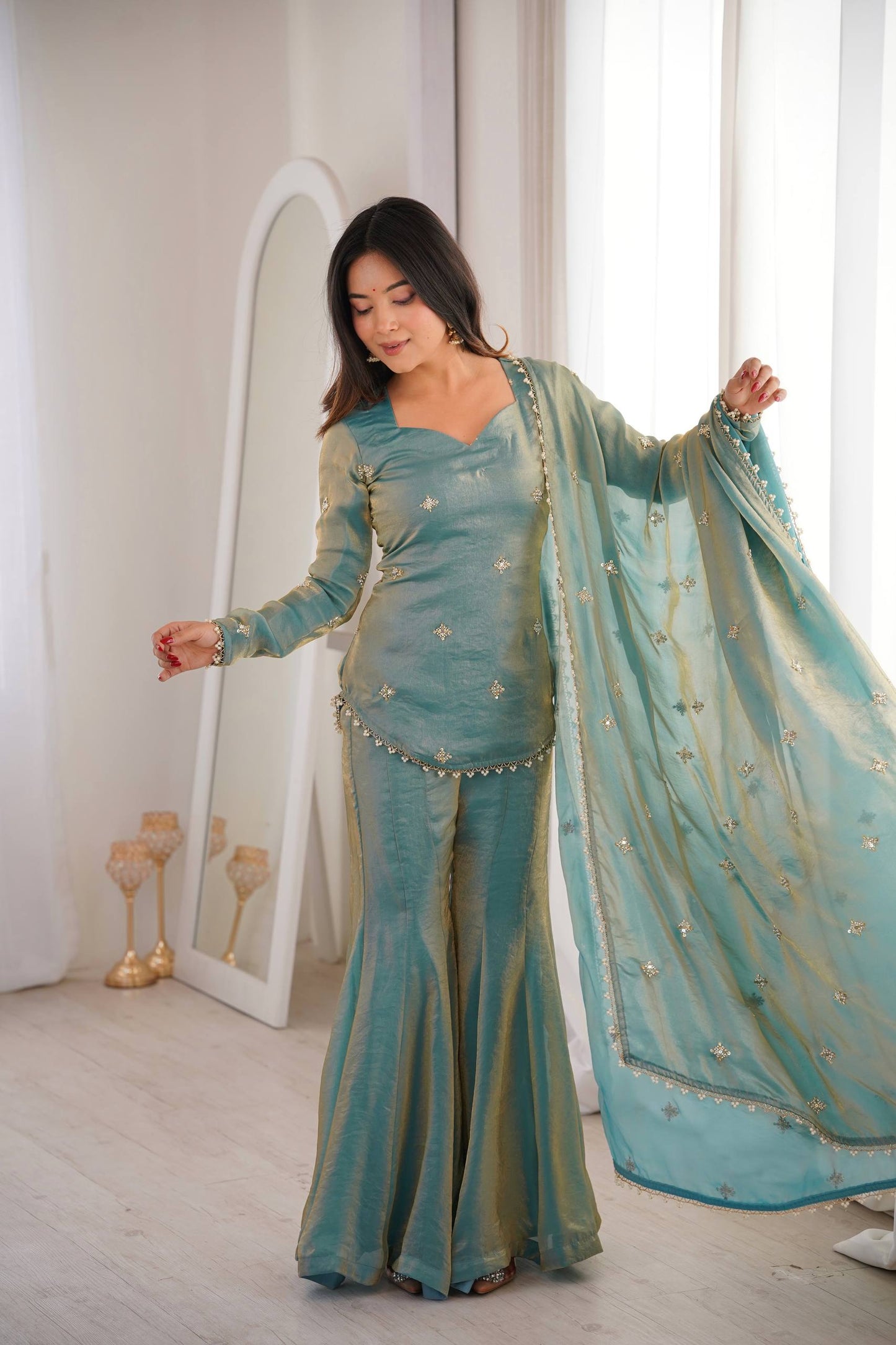Arti Chauhan Wear Sky Blue Color Fendy Silk Short Top Sharara Set