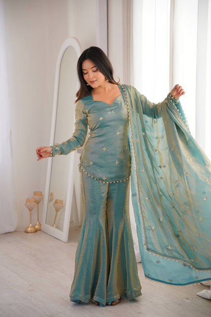 Arti Chauhan Wear Sky Blue Color Fendy Silk Short Top Sharara Set
