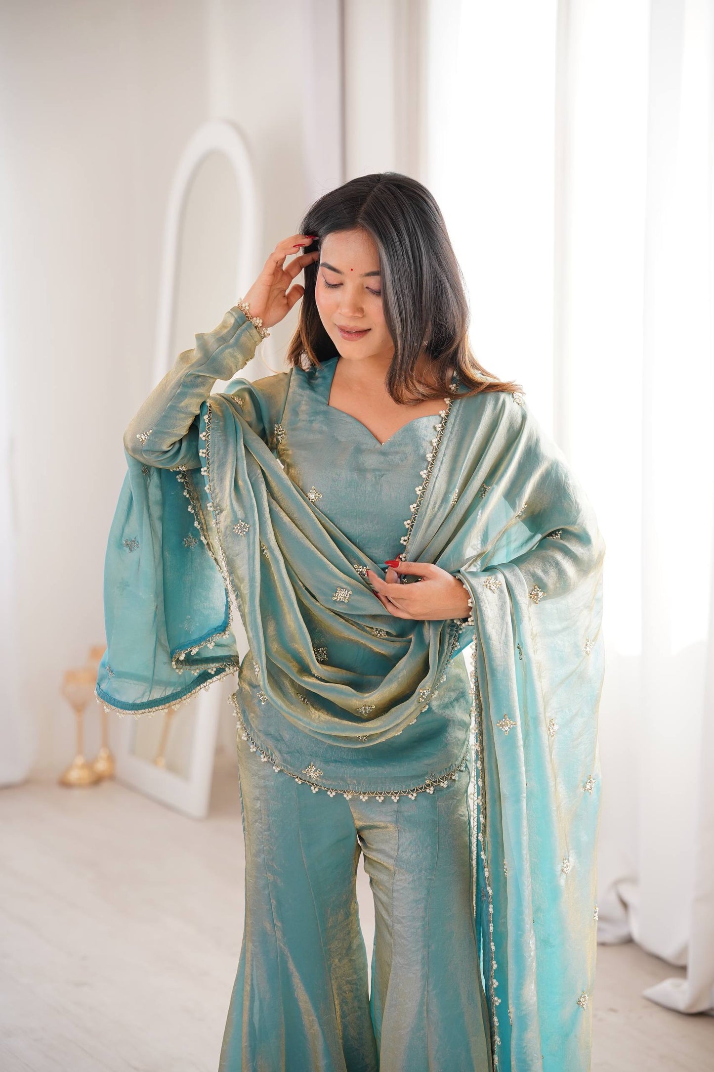 Arti Chauhan Wear Sky Blue Color Fendy Silk Short Top Sharara Set