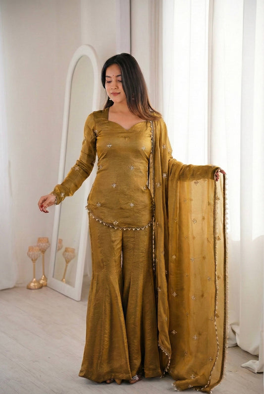 Arti Chauhan Wear Gold Color Fendy Silk Short Top Sharara Set
