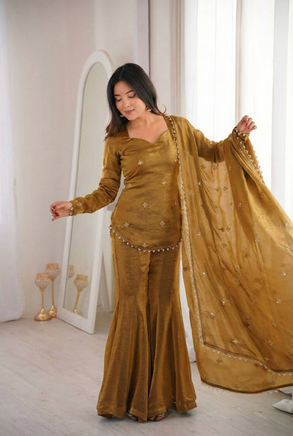 Arti Chauhan Wear Gold Color Fendy Silk Short Top Sharara Set