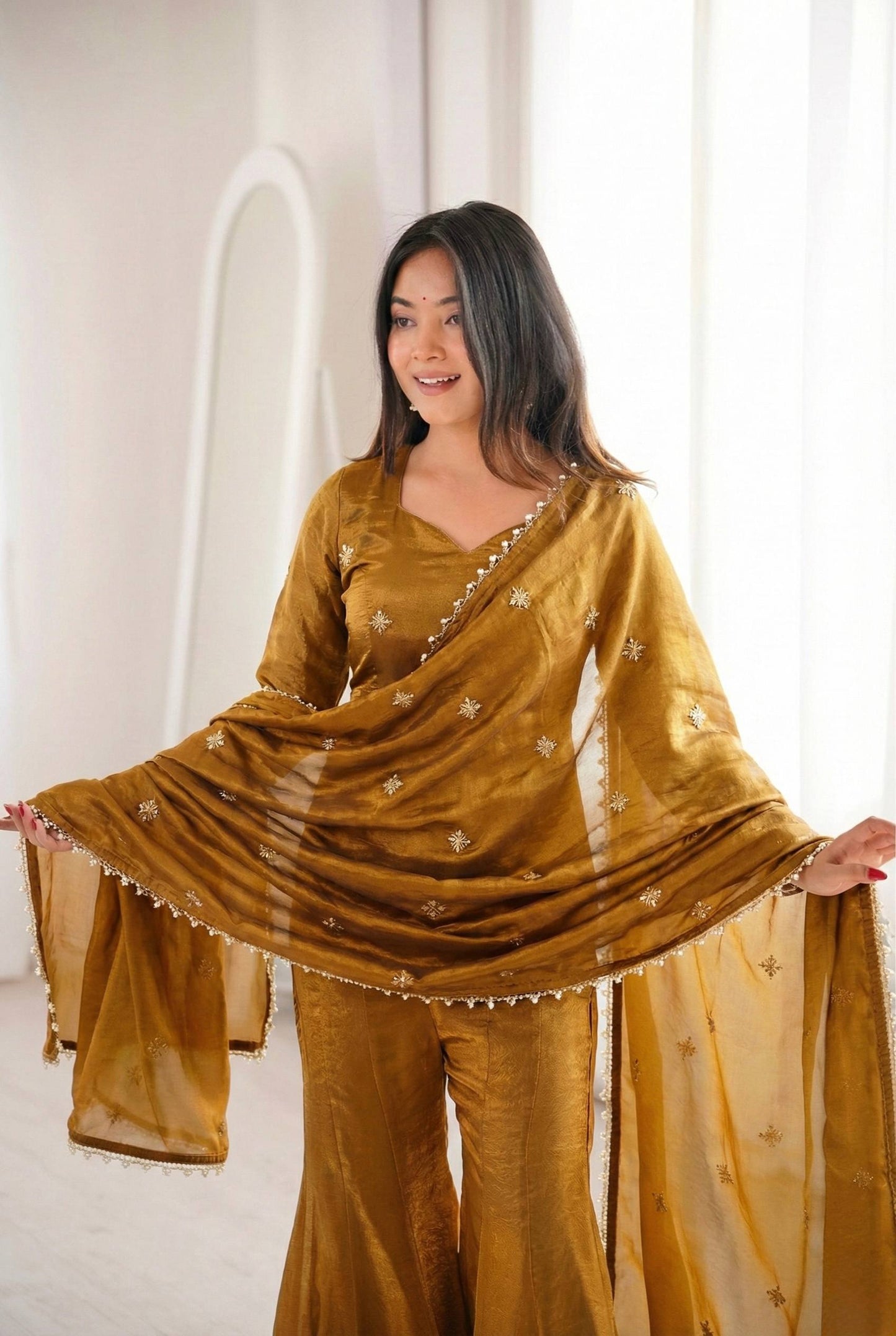 Arti Chauhan Wear Gold Color Fendy Silk Short Top Sharara Set