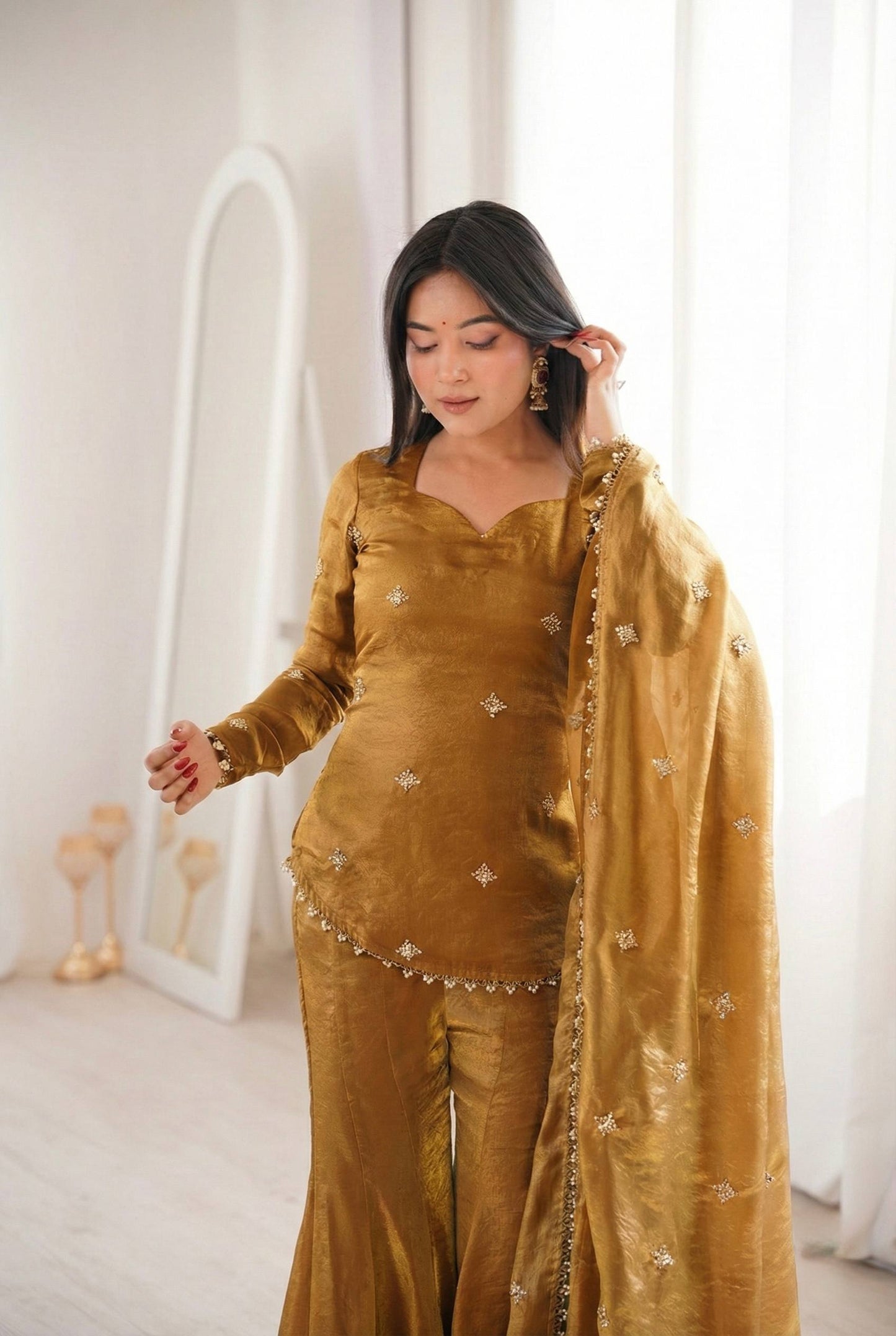 Arti Chauhan Wear Gold Color Fendy Silk Short Top Sharara Set