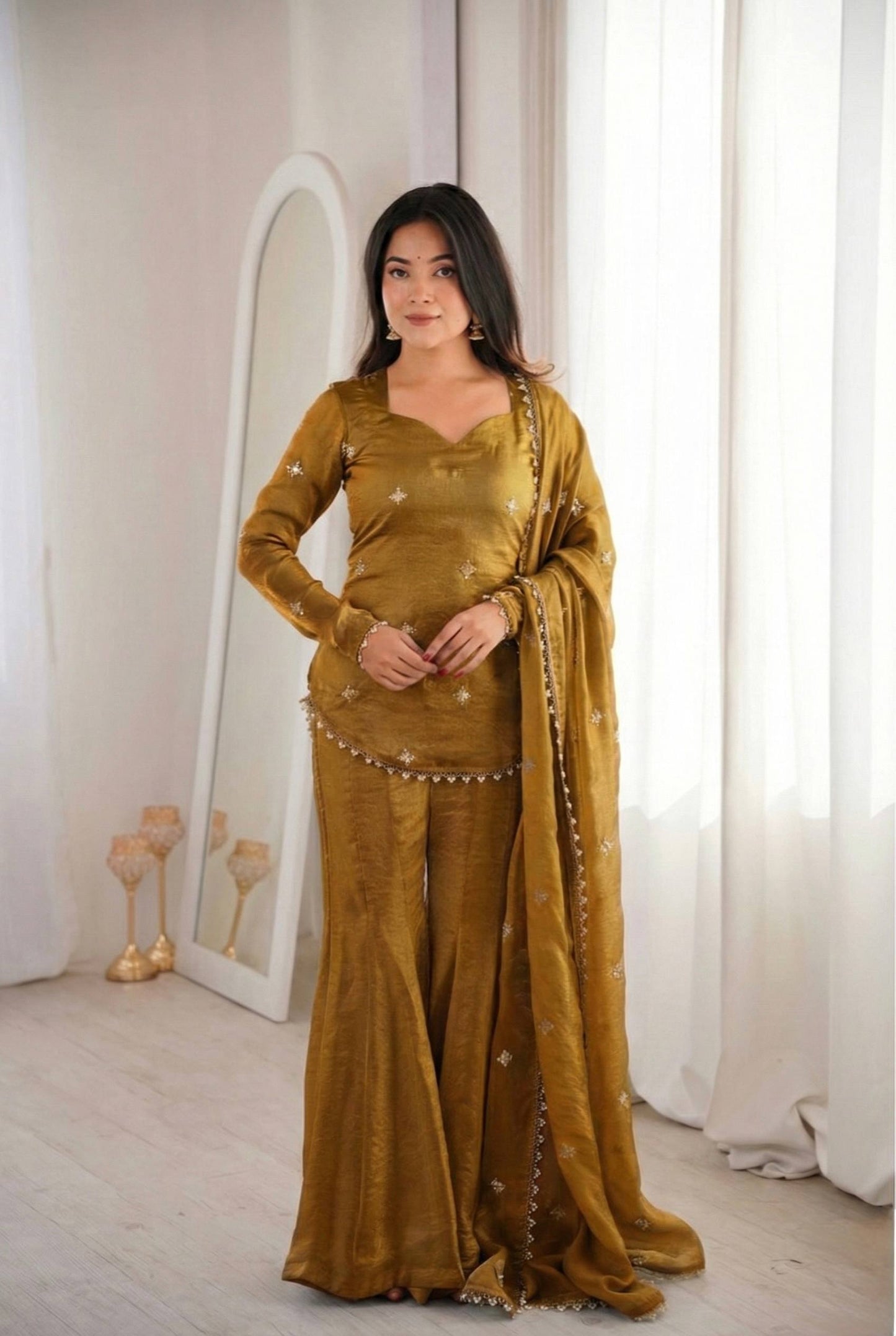 Arti Chauhan Wear Gold Color Fendy Silk Short Top Sharara Set