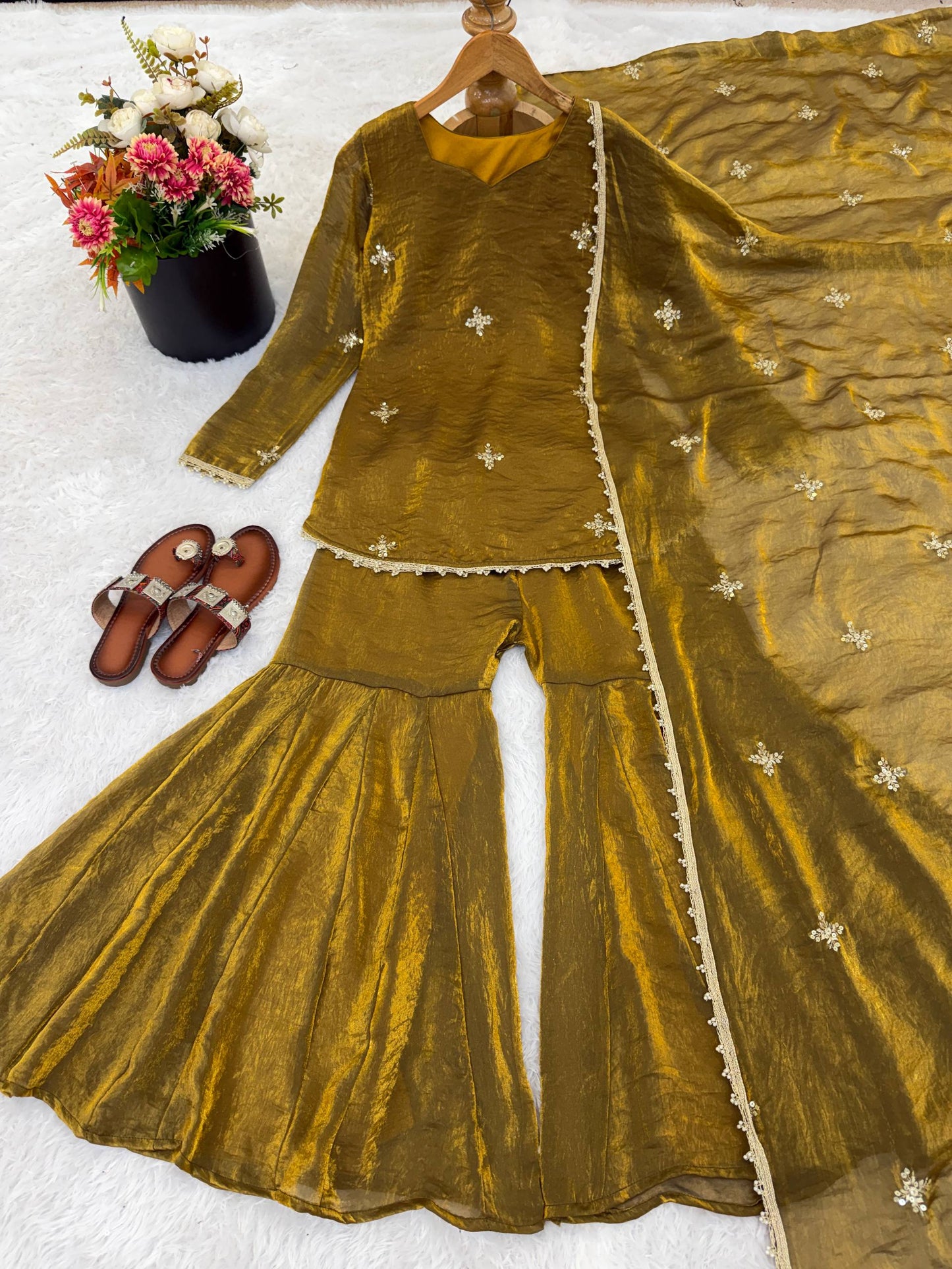 Arti Chauhan Wear Gold Color Fendy Silk Short Top Sharara Set