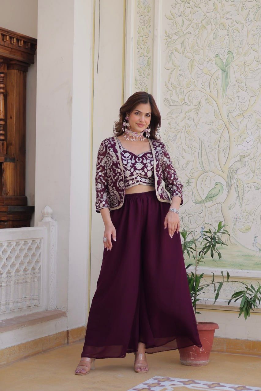 Glossy Georgette Lace Work Wine Color Palazzo Suit With Koti