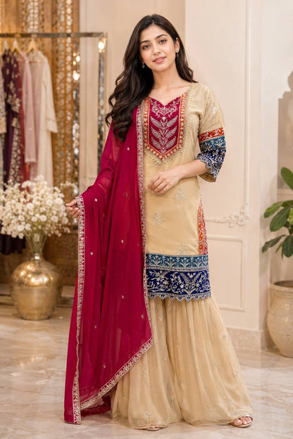 Wedding Wear Cream Color Designer Rangoli Silk Embroidered Kurti Palazzo