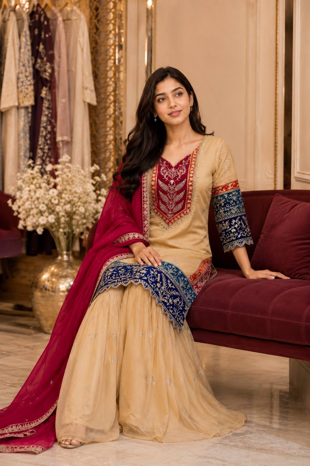 Wedding Wear Cream Color Designer Rangoli Silk Embroidered Kurti Palazzo
