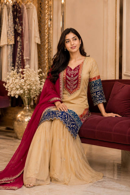 Wedding Wear Cream Color Designer Rangoli Silk Embroidered Kurti Palazzo