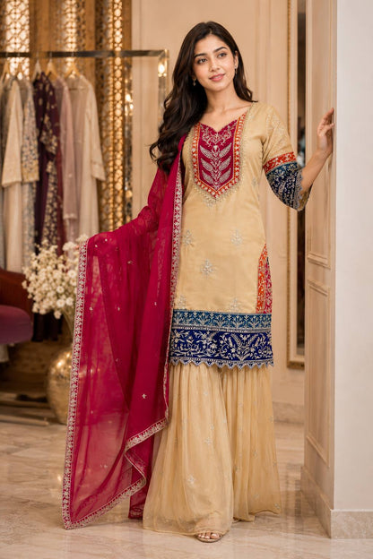 Wedding Wear Cream Color Designer Rangoli Silk Embroidered Kurti Palazzo