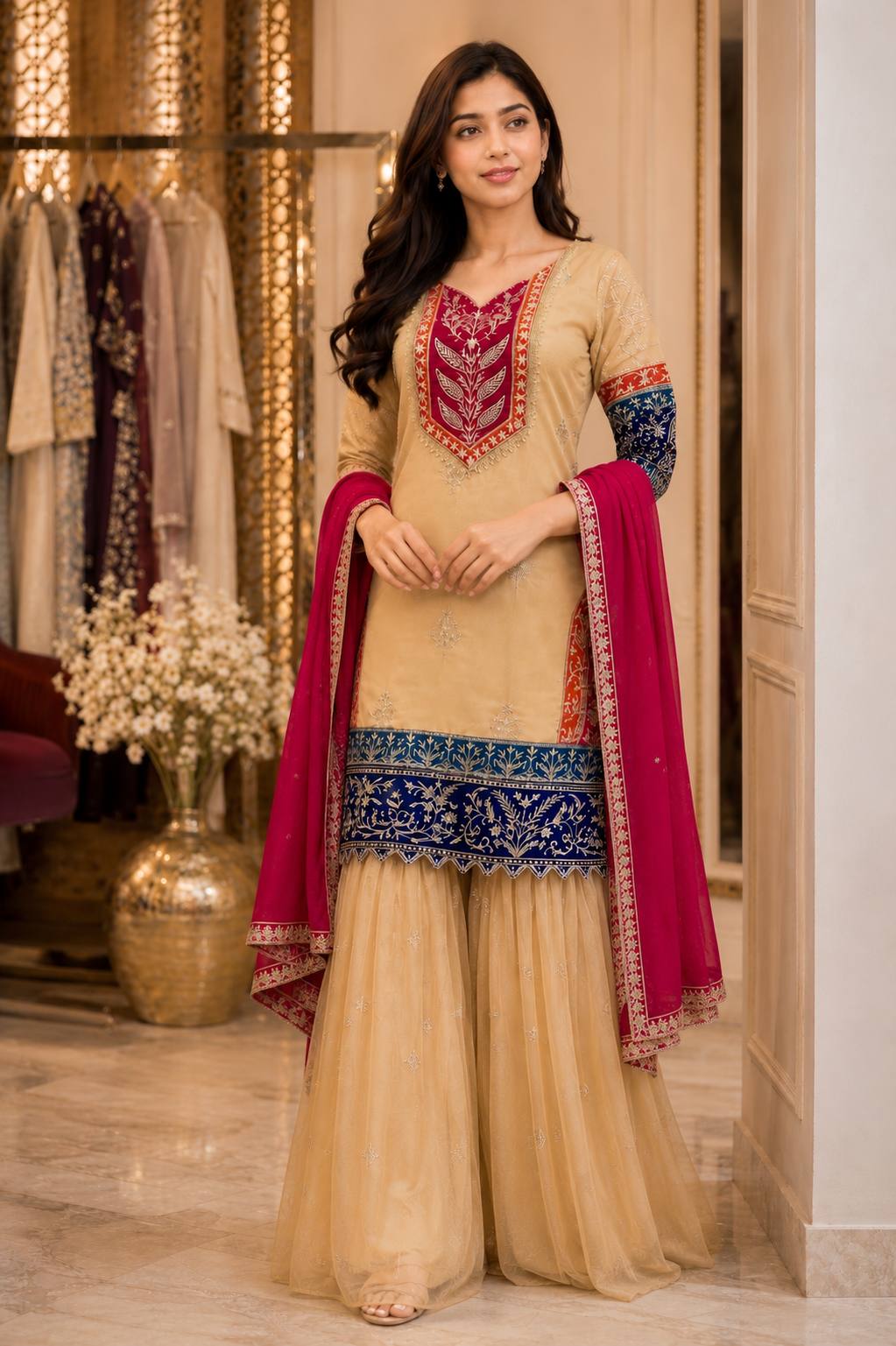 Wedding Wear Cream Color Designer Rangoli Silk Embroidered Kurti Palazzo