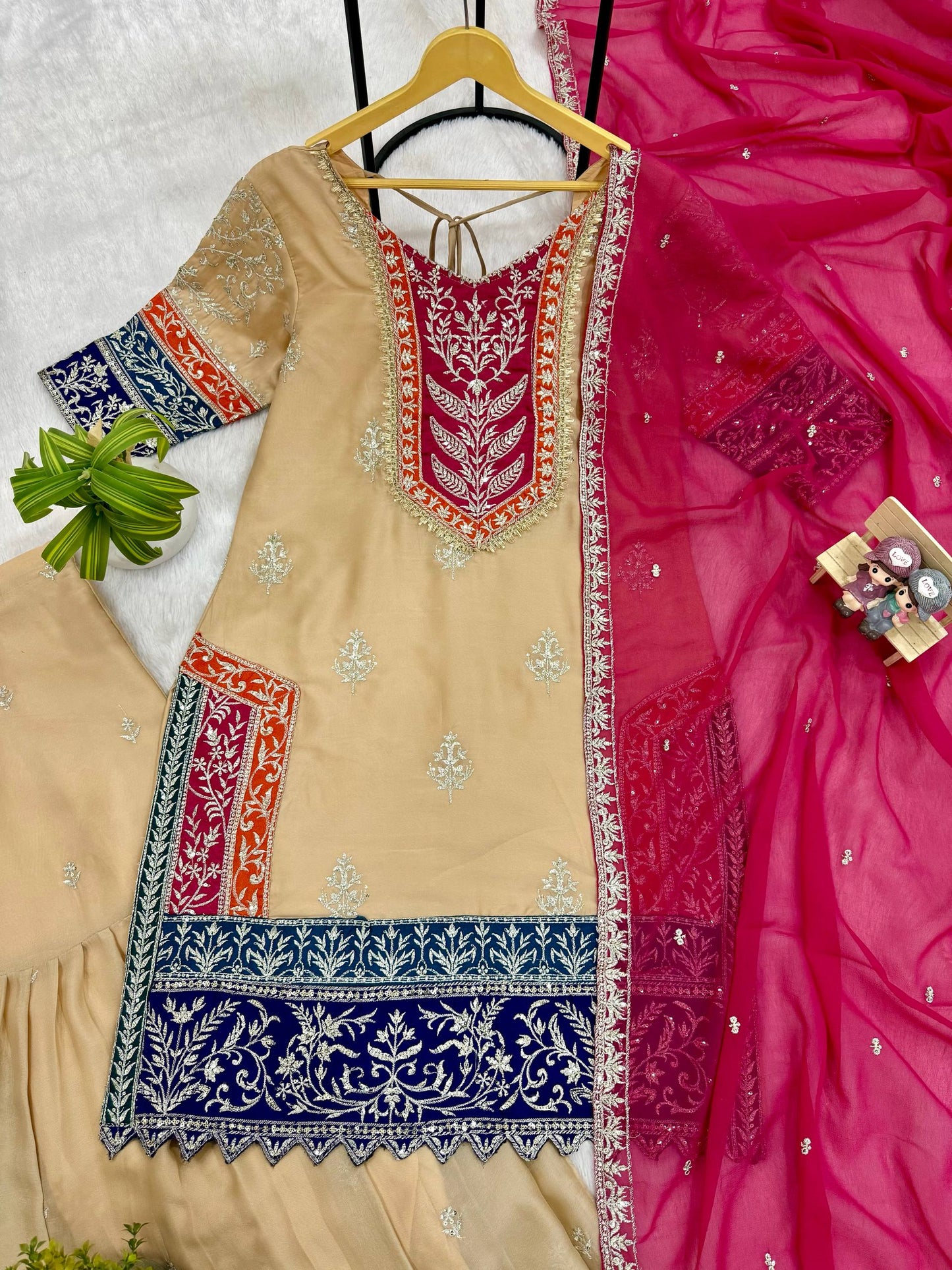 Wedding Wear Cream Color Designer Rangoli Silk Embroidered Kurti Palazzo