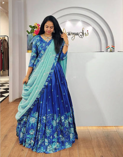 Fabulous Sky Blue Color Chinon With Digital Printed Designer Lehenga Choli