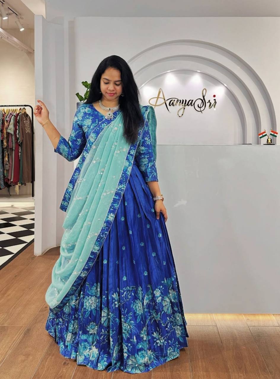 Fabulous Sky Blue Color Chinon With Digital Printed Designer Lehenga Choli