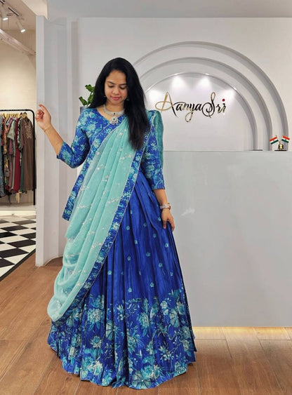 Fabulous Sky Blue Color Chinon With Digital Printed Designer Lehenga Choli