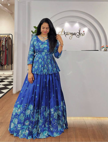 Fabulous Sky Blue Color Chinon With Digital Printed Designer Lehenga Choli