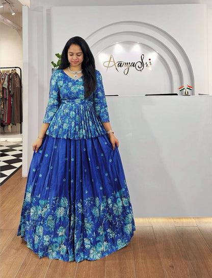 Fabulous Sky Blue Color Chinon With Digital Printed Designer Lehenga Choli