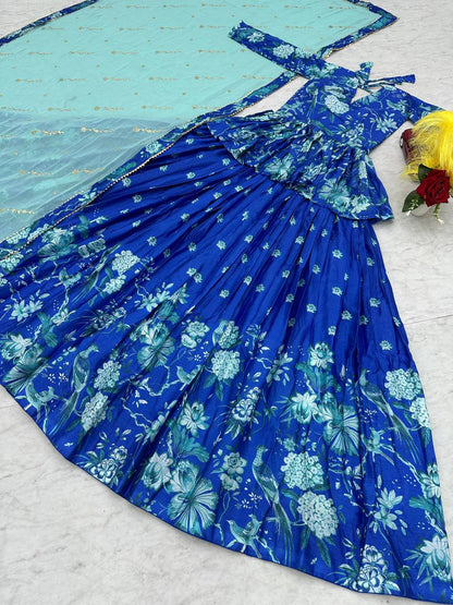 Fabulous Sky Blue Color Chinon With Digital Printed Designer Lehenga Choli