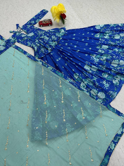 Fabulous Sky Blue Color Chinon With Digital Printed Designer Lehenga Choli