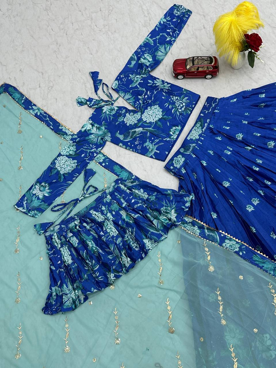 Fabulous Sky Blue Color Chinon With Digital Printed Designer Lehenga Choli