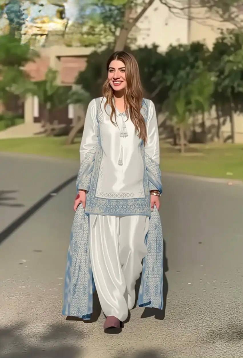 Designer Wedding Wear Heavy Natural Silk Sky Blue Palazzo Suit