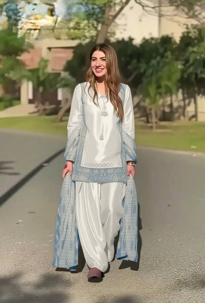 Designer Wedding Wear Heavy Natural Silk Sky Blue Palazzo Suit