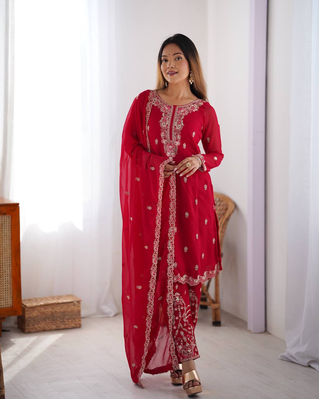 Party Wear Red Color Faux Georgette With Thread Work Salwar Suit