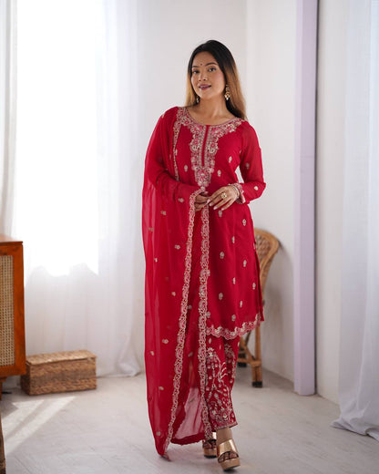 Party Wear Red Color Faux Georgette With Thread Work Salwar Suit