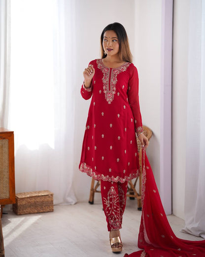 Party Wear Red Color Faux Georgette With Thread Work Salwar Suit