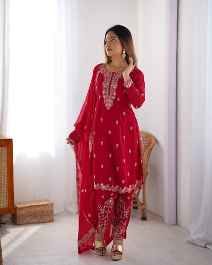 Party Wear Red Color Faux Georgette With Thread Work Salwar Suit