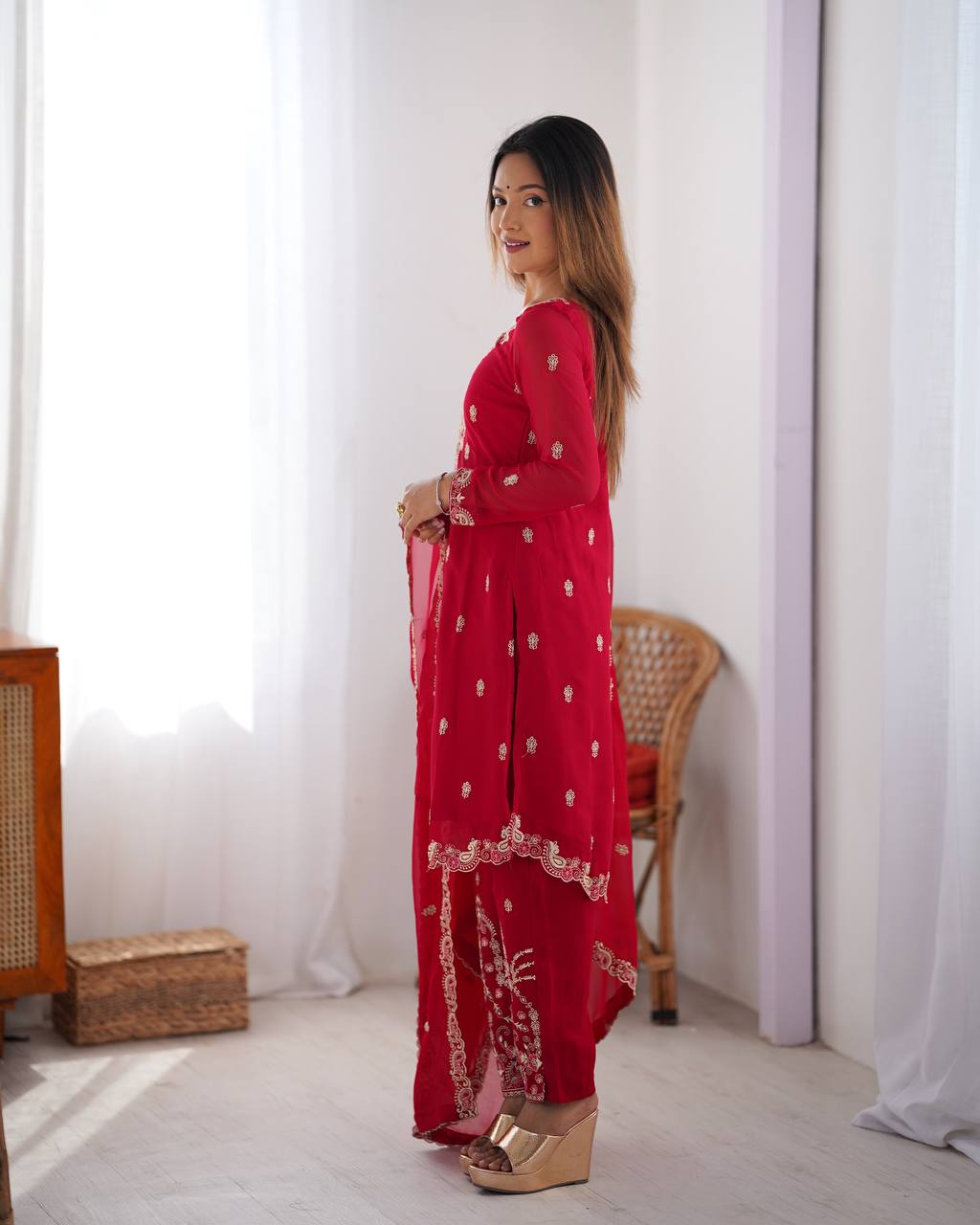 Party Wear Red Color Faux Georgette With Thread Work Salwar Suit