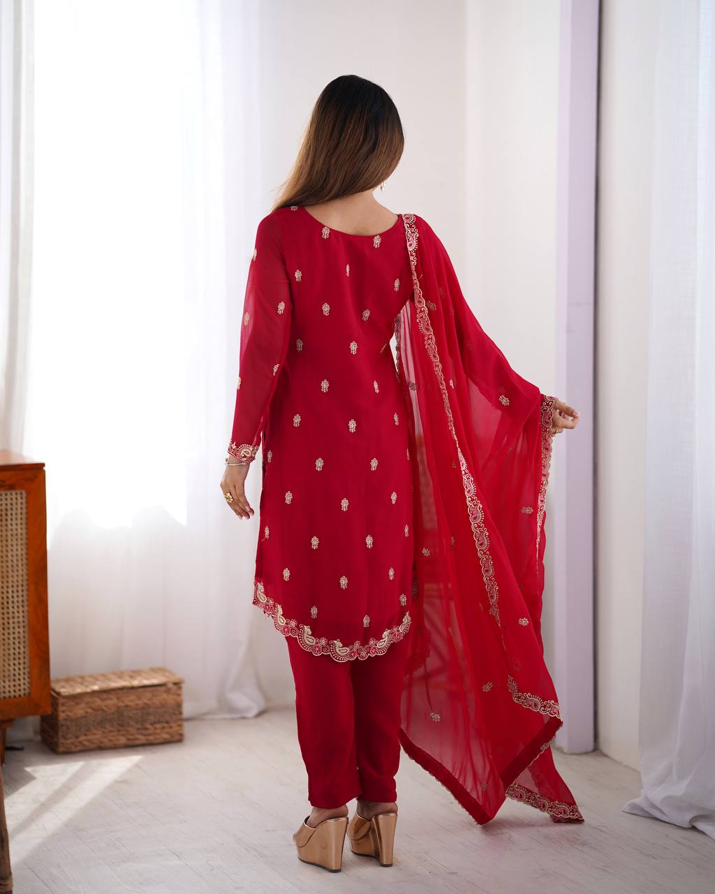 Party Wear Red Color Faux Georgette With Thread Work Salwar Suit